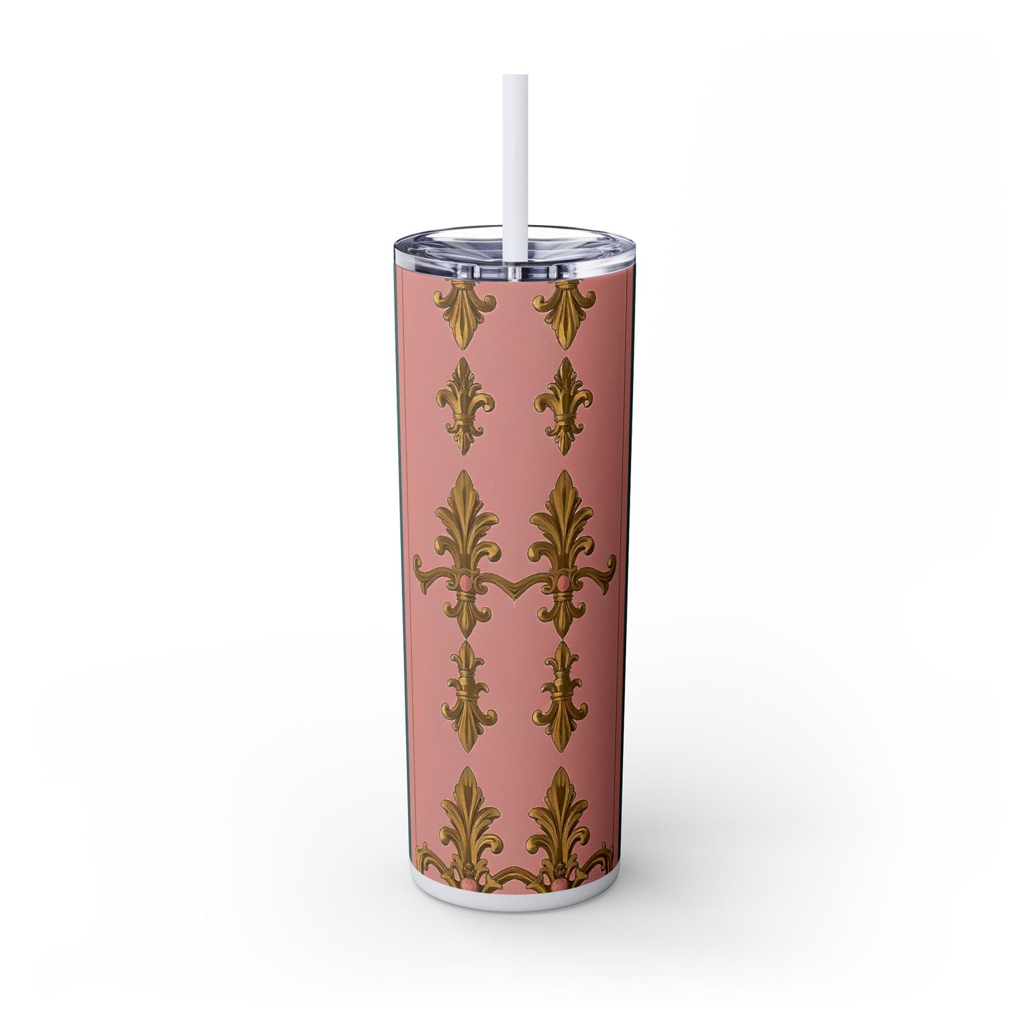 Elegant Pink and Green Skinny Tumbler with Straw, 20oz - Ideal for Gifts, Travel, Home, Events - Pink & Teal Striped Gold Baroque