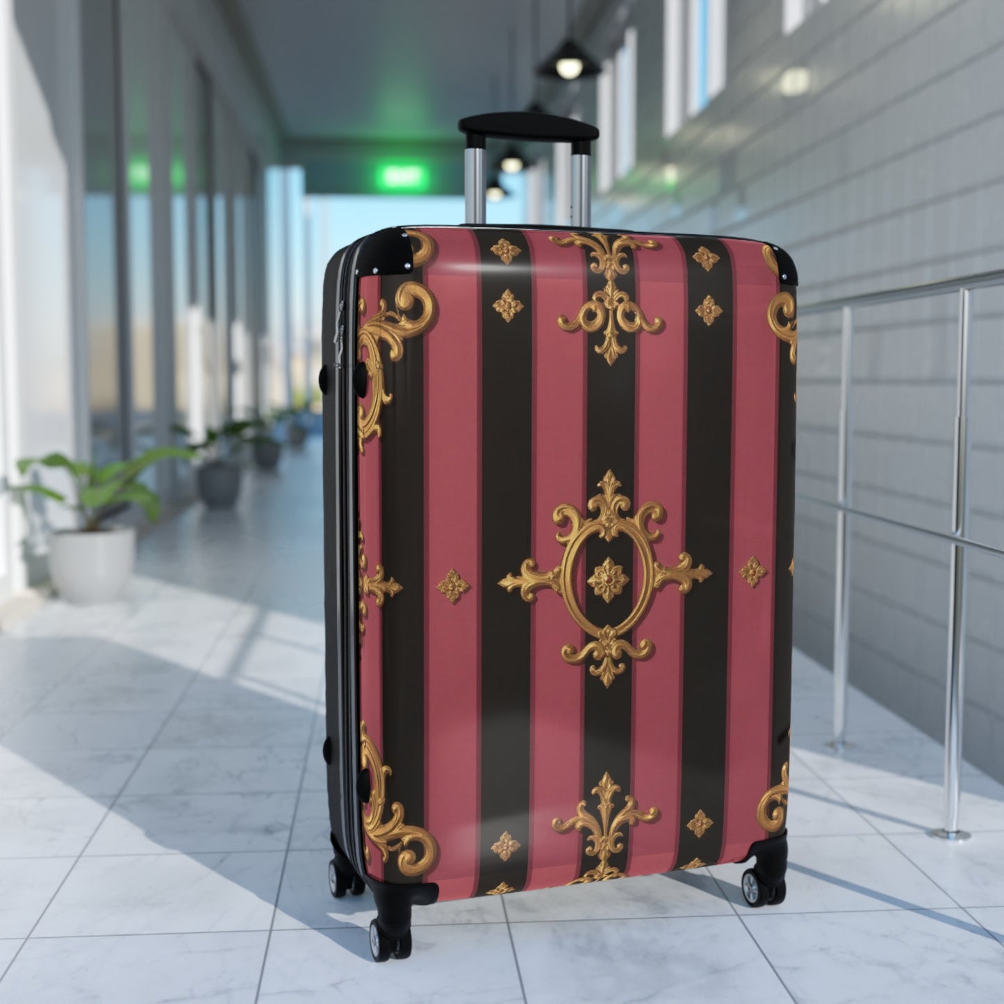 Elegant Black & Mauve Striped Gold Baroque Suitcase, Travel Luggage, Designer Carry-On, Stylish Baggage for Fashion Lovers