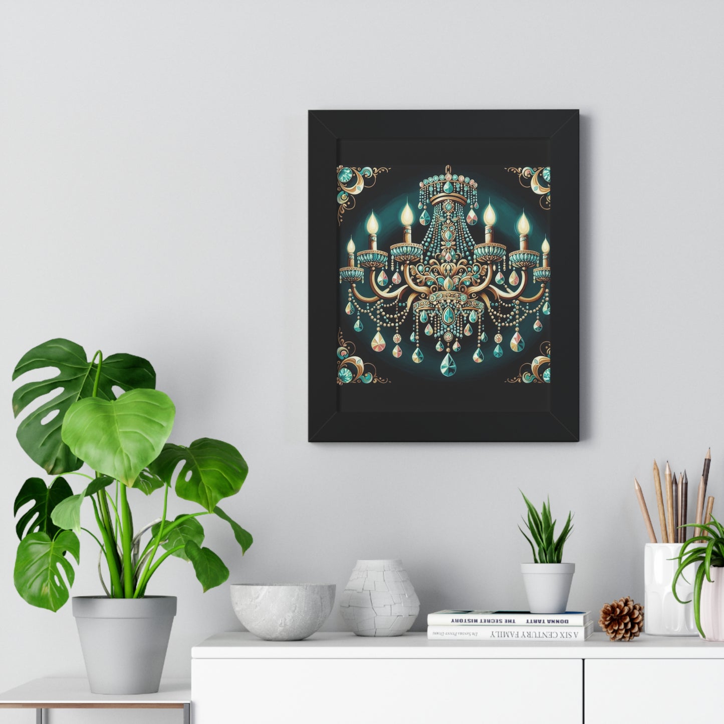 Elegant Chandelier Art Print, Framed Vertical Poster, Home Decor, Wall Art, Gift for Her, Luxury Interior Decoration - Teal Jeweled Chandelier