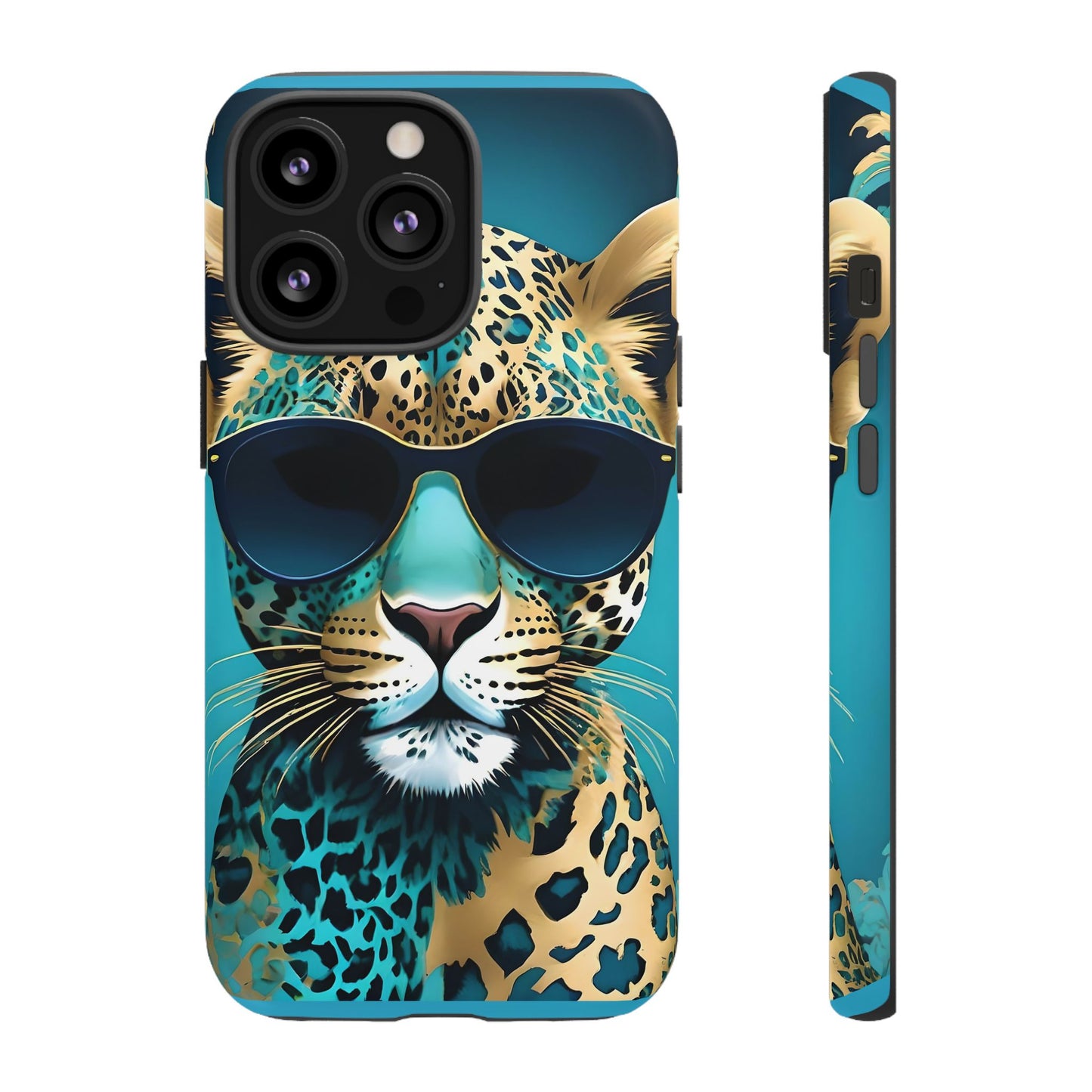 Phone Case - Aqua & Gold Leopard In Sunglasses Design