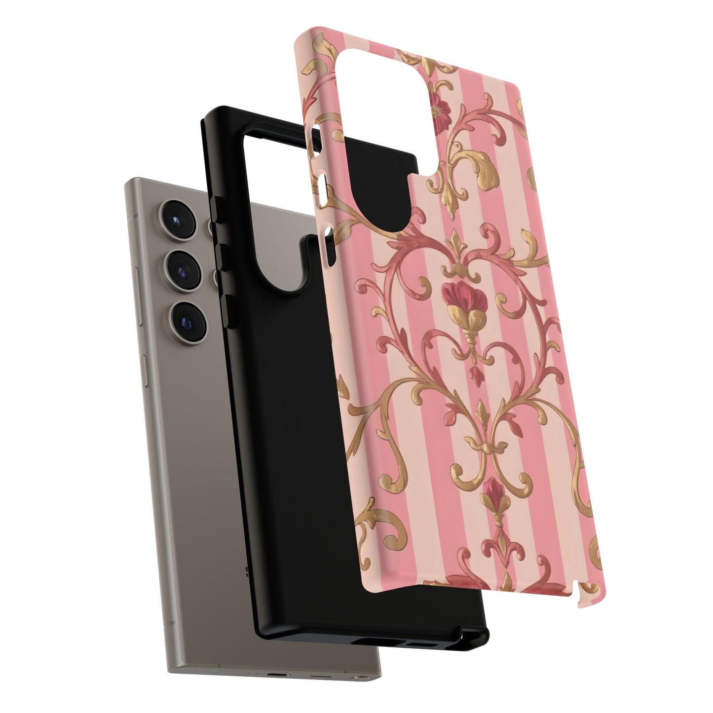 Elegant Floral Motif Phone Case - Tough Cases with Vintage Design - Pink Striped Rose Gold Damask