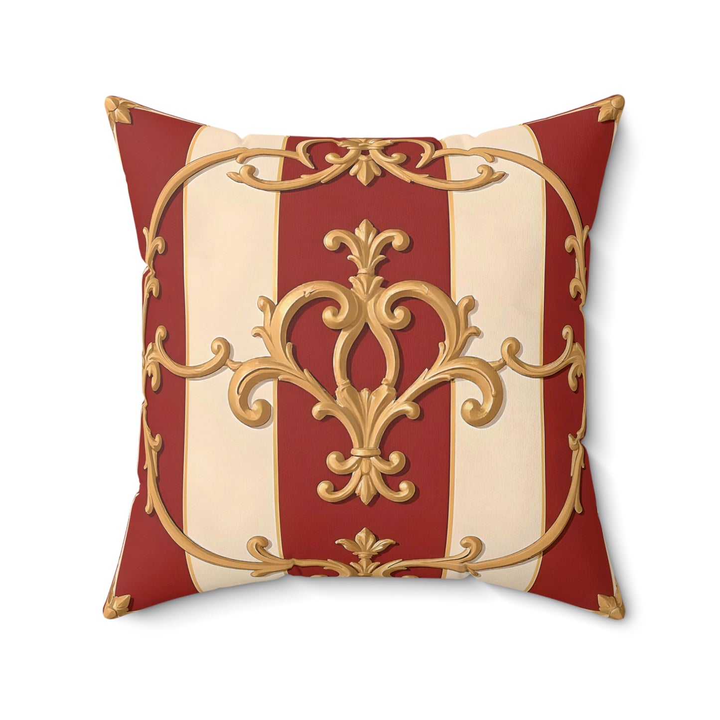 Elegant Vintage-Inspired Square Pillow with Gold Ornate Design - Alabaster & Dusk Orange Striped Baroque