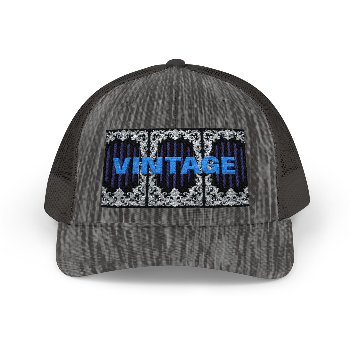 Vintage Navy Stripes & Baroque Trucker Cap — Retro 'VINTAGE' Embroidered Snapback