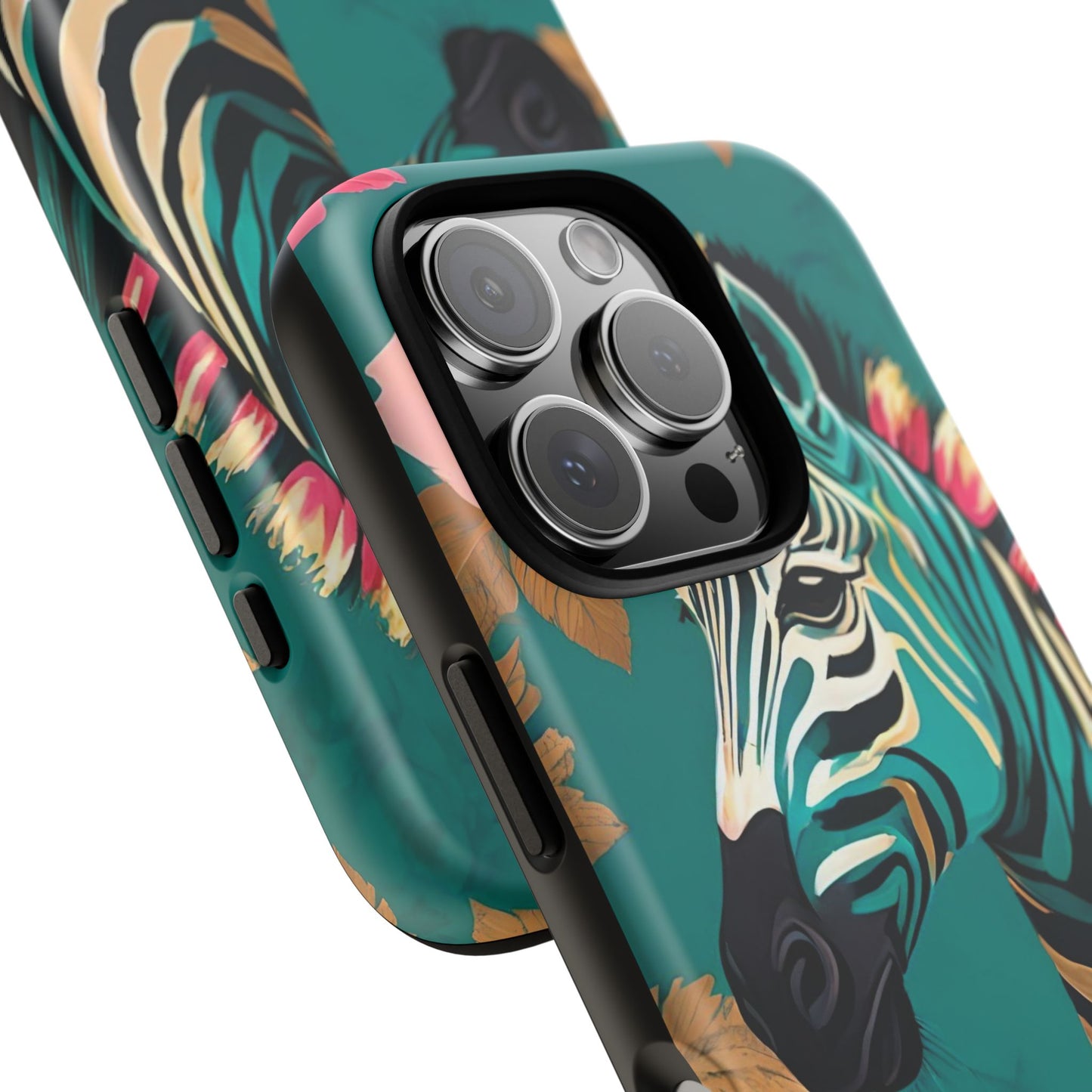 Phone Case - Elegant Teal & Gold Zebra & Roses Design
