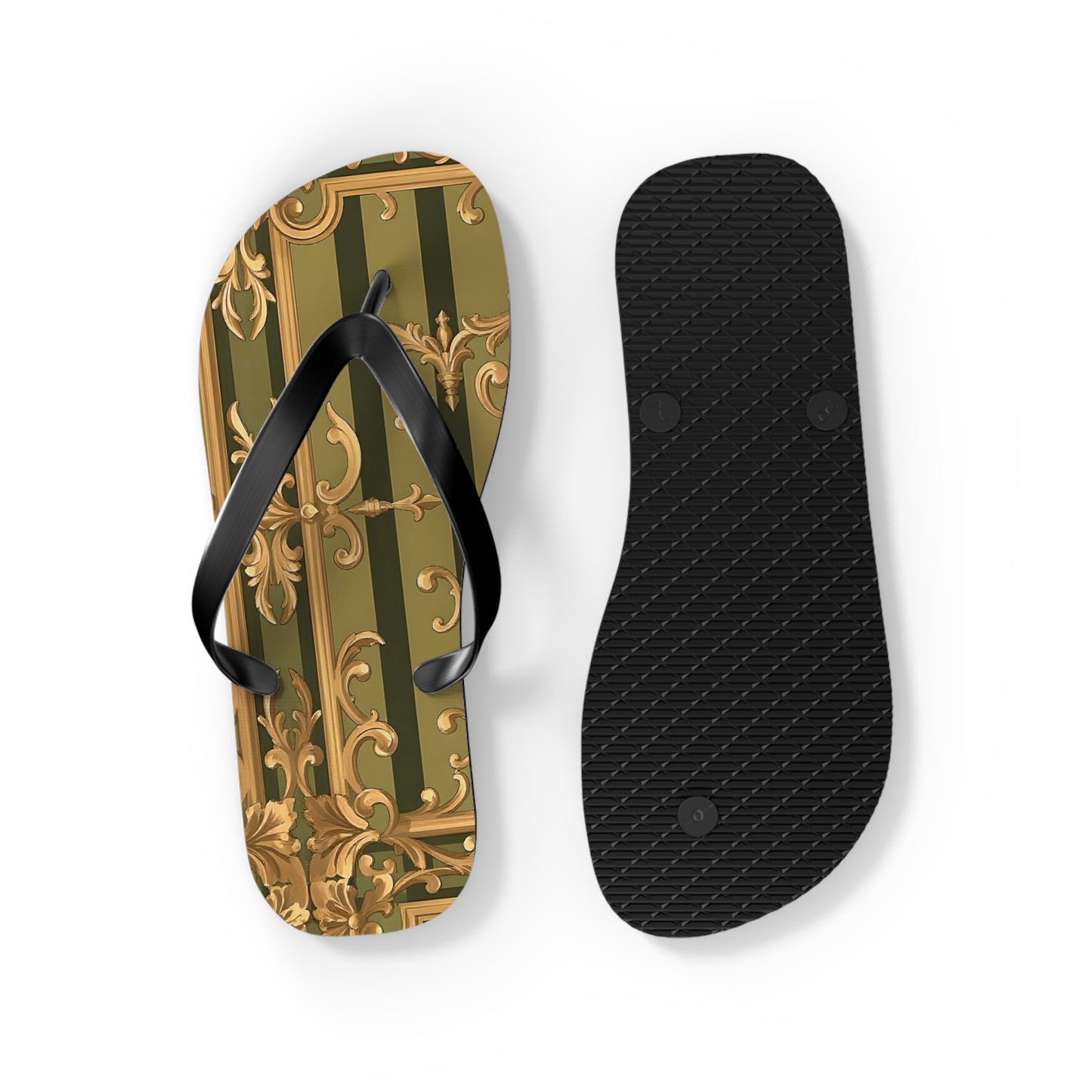 Elegant Floral Flip Flops, Summer Sandals, Beach Footwear, Vacation Essentials, Gift for Her, Outdoor Adventures - Olive Green Striped Rococo