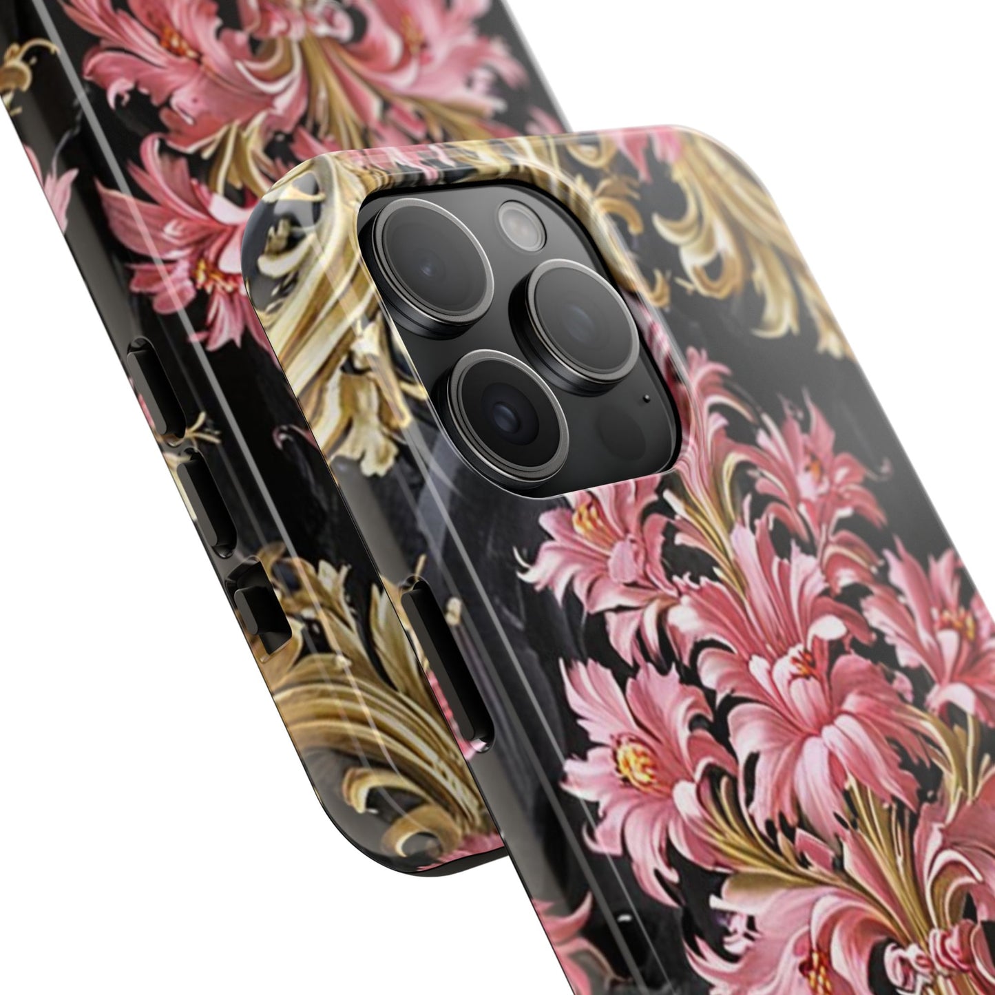 Elegant Floral Tough Phone Cases | Stylish Protection for Her | Gift for Birthdays - Black & Pink Oil Painting Style Rococo