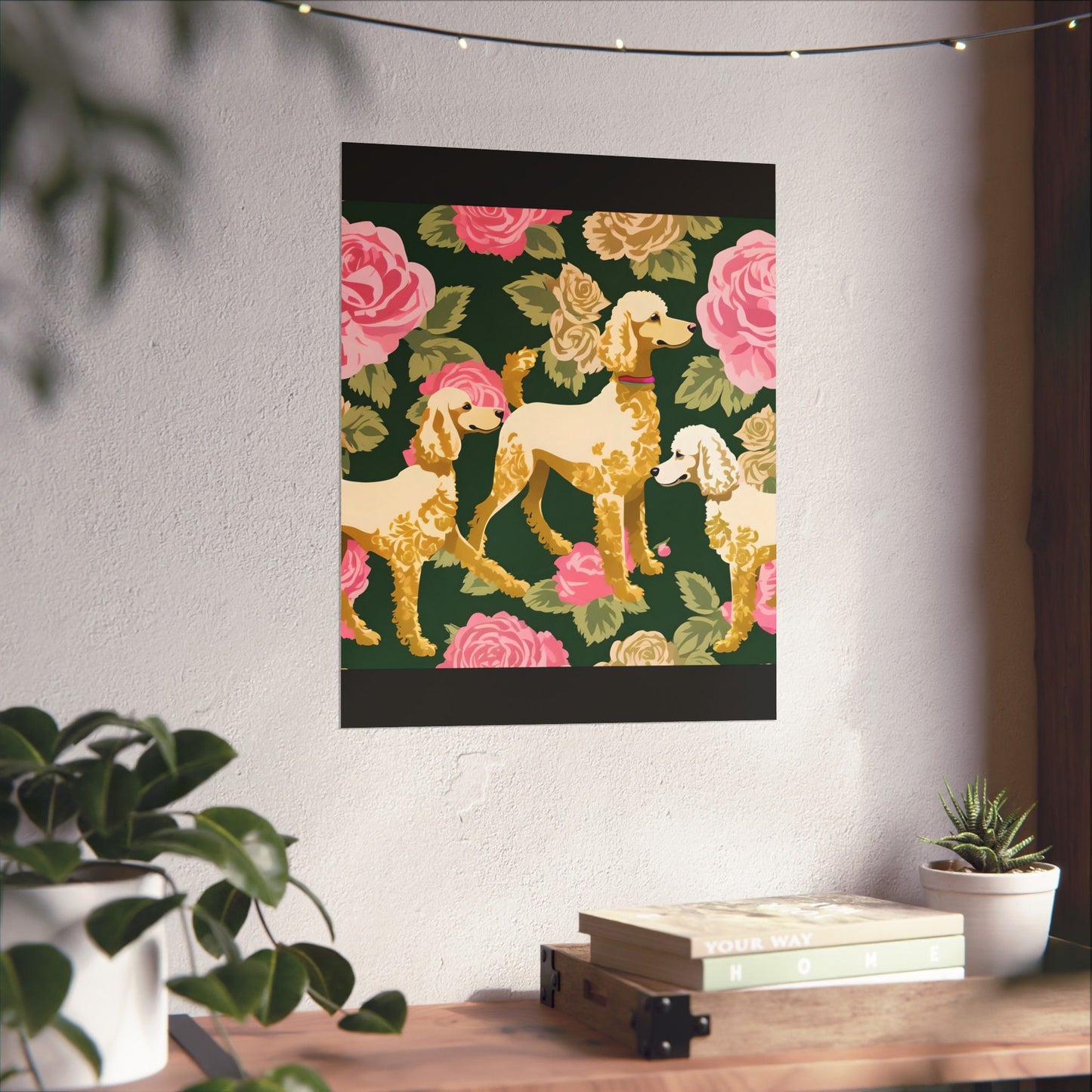 Vertical Poster - Elegant Matte Floral Art Wall Decor - Damask Poodles In Dark Green & Pink Roses