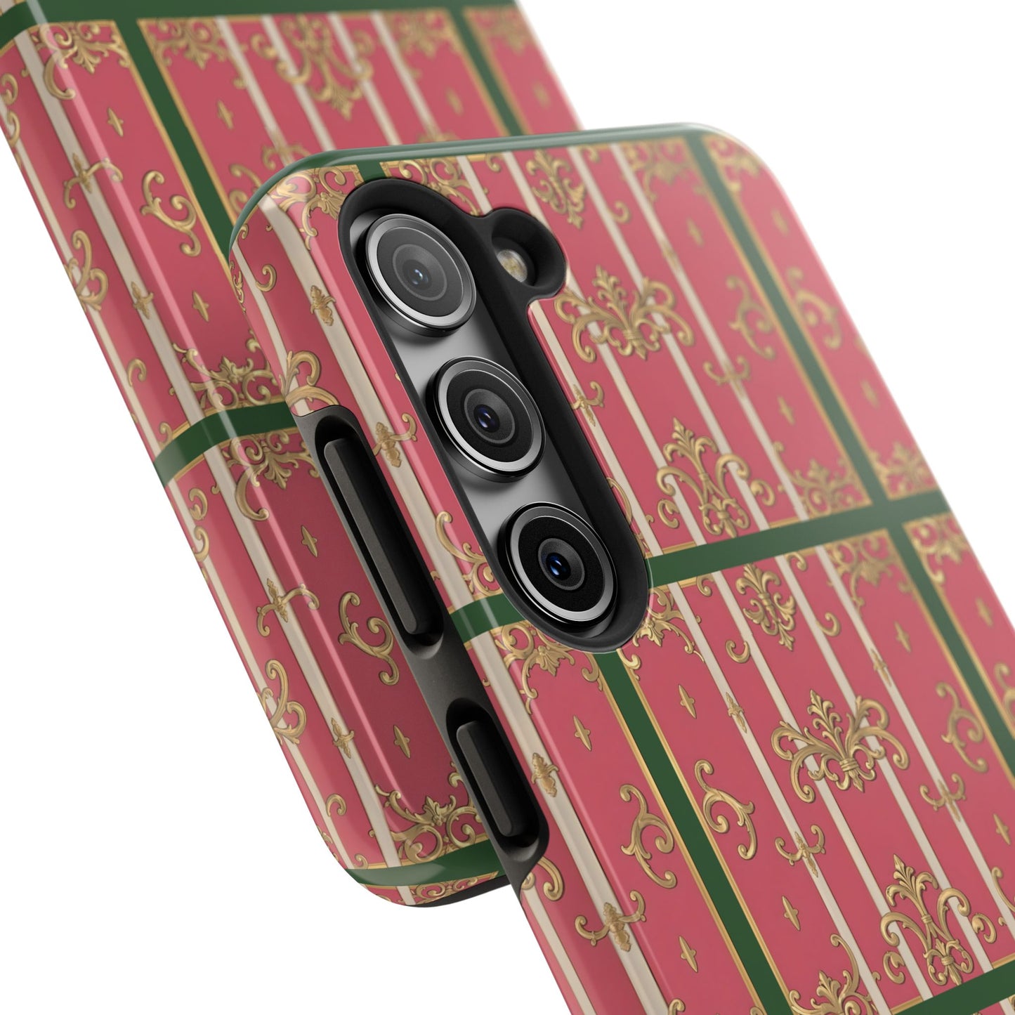 Elegant Green Border Pink Striped Baroque Phone Cases, Tough Phone Cases for Protection, Stylish Mobile Accessories, Gift for Her, Holiday Tech Gifts