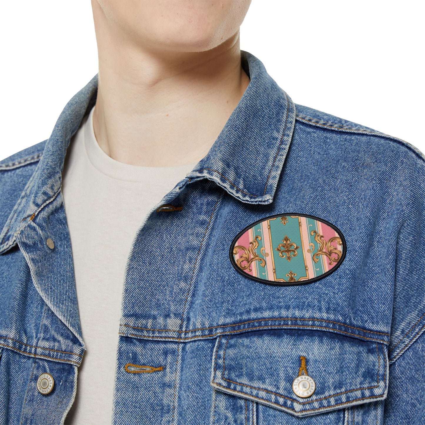 Vintage Floral Iron-On Patch, Fashion Customization, Denim Jacket Accessories, Sewing Crafts, Unique Gift Idea - Pink & Matte Turquoise Striped Rococo