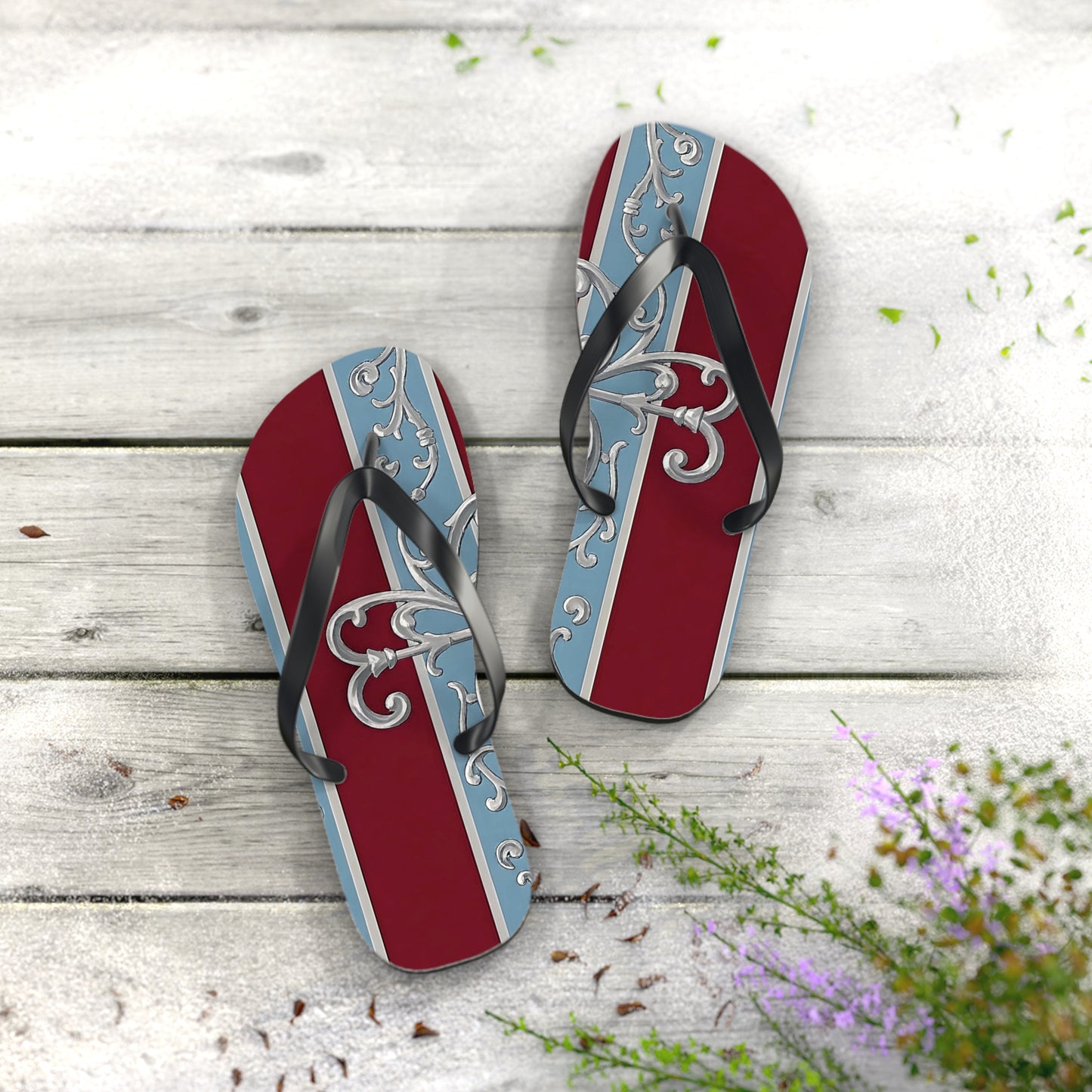 Elegant Vintage Flip Flops - Stylish Summer Footwear with Classic Design - Ice Blue & Burgundy Striped Baroque
