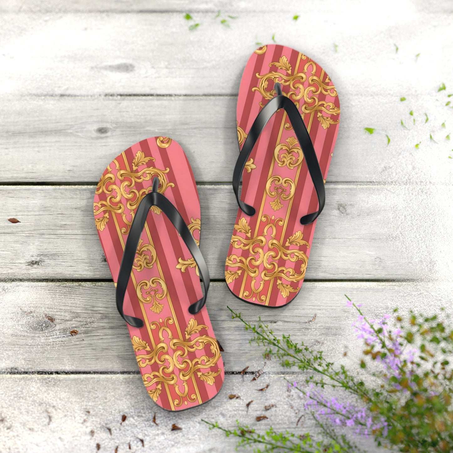 Elegant Floral Flip Flops, Summer Sandals, Beach Accessories, Vacation Footwear, Stylish Slip-Ons - Pink Striped Gold Baroque