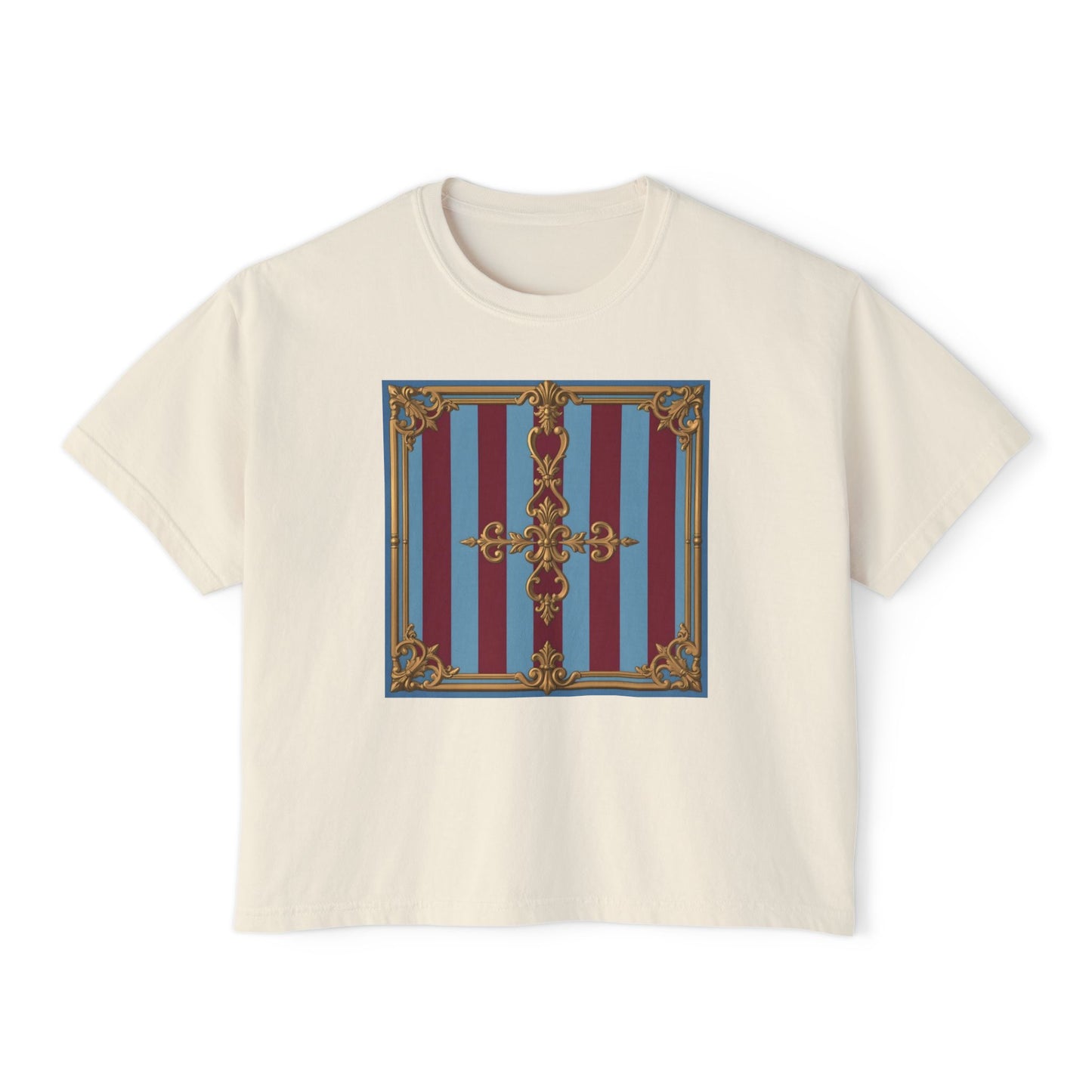Baroque Women's Boxy Tee, Vintage Style T-shirt for Festivals, Casual Wear, Summer Outfits, Gift for Her - Sky Blue & Maroon Striped Baroque