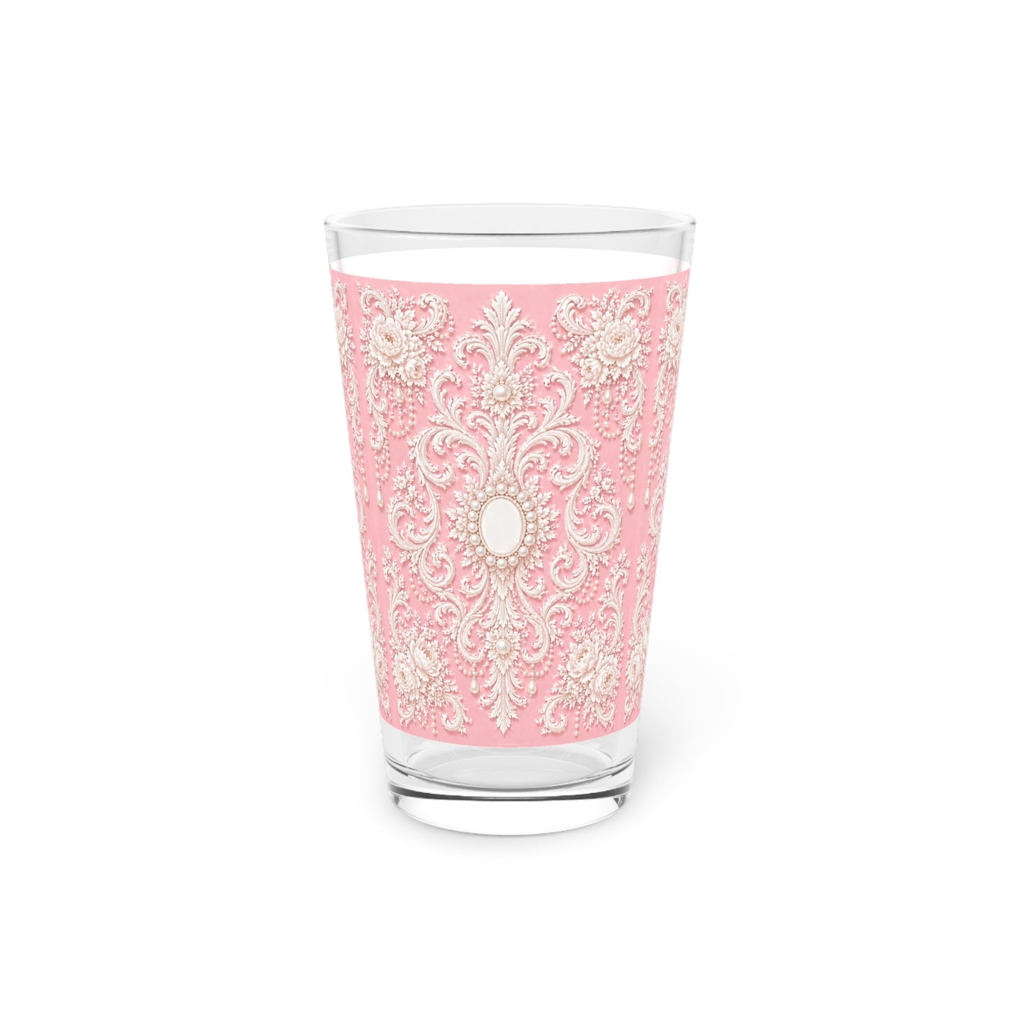 Pink Rococo Pint Glass – Elegant Ornate 16oz Drinkware