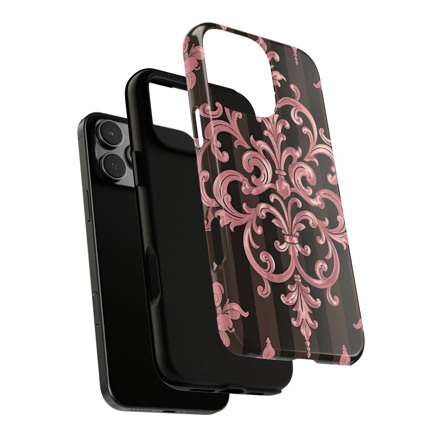 Elegant Floral Motif Phone Case - Tough Cases with Vintage Design - Brown Striped Mauve Damask
