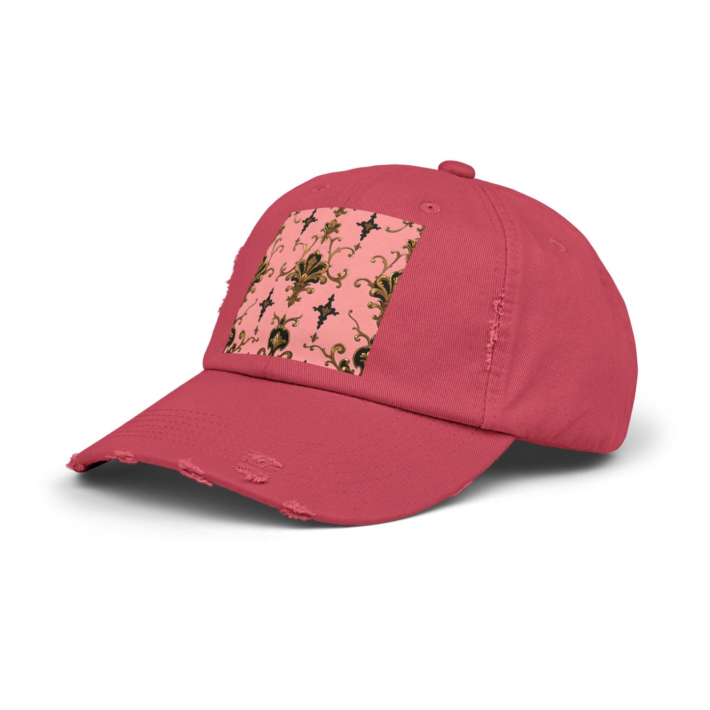 Chic Distressed Cap, Fashionable Baseball Hat, Casual Summer Headwear - Pink, Black & Gold Rococo