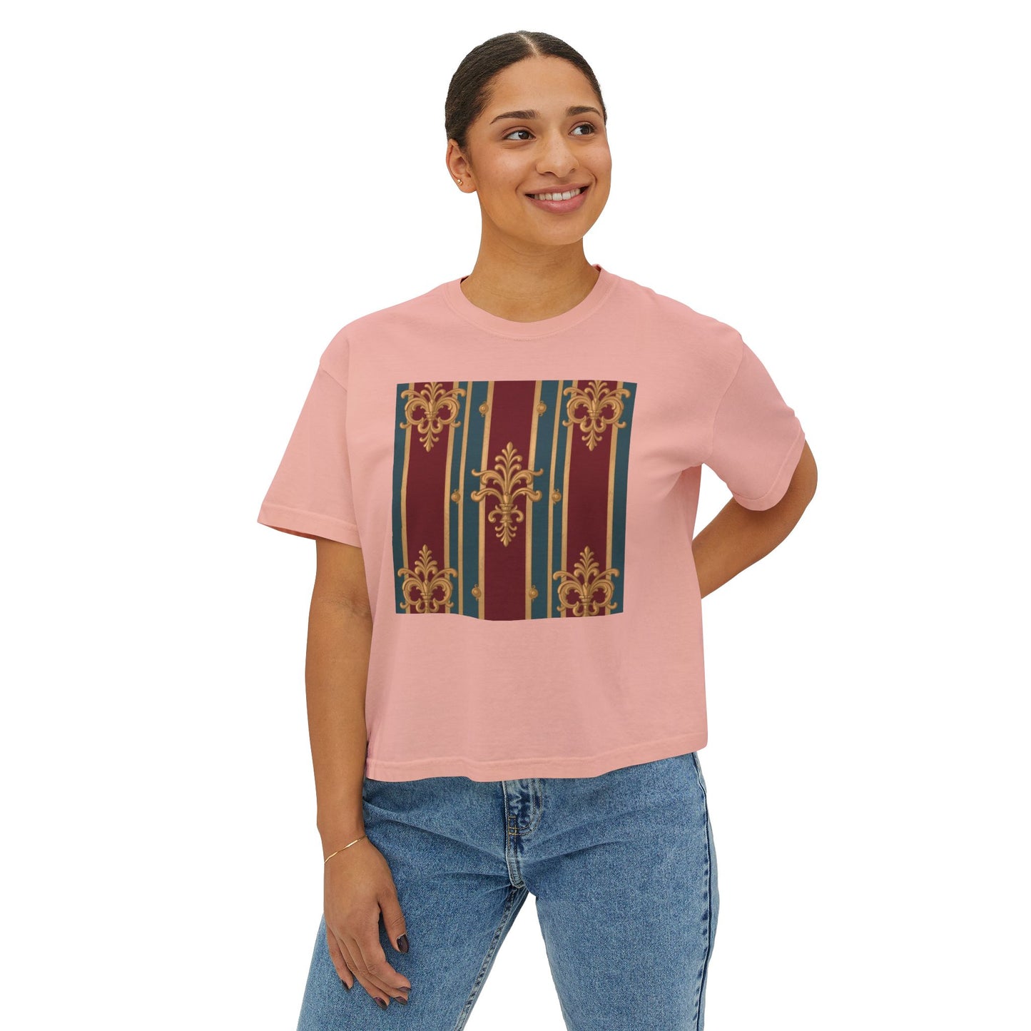 Vintage Floral Women's Boxy Tee, Casual Shirt, Graphic Tee, Everyday Wear, Gift for Her - Burgundy Striped Gold Baroque