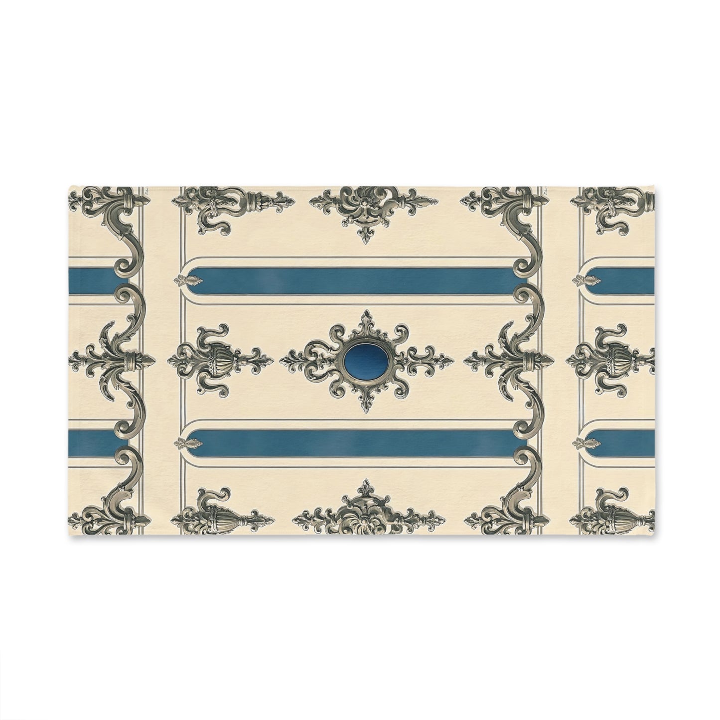 Elegant Vintage Hand Towel with Ornate Design - Alabaster & Ocean Blue Baroque