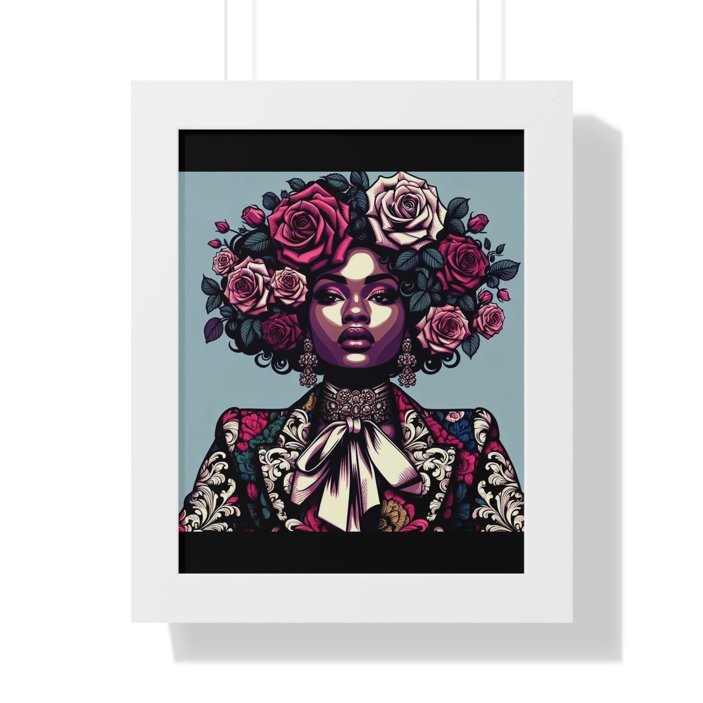 Vertical Poster -  Lady In Damask Suit & Roses Wall Art