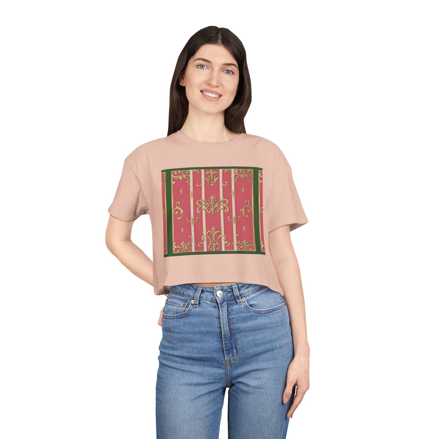 Chic Green Border Pink Striped Baroque Women's Crop Tee - Vintage Style Shirt for Casual Outings, Holidays, Gift Ideas, Spring Fashion, Trendy Top