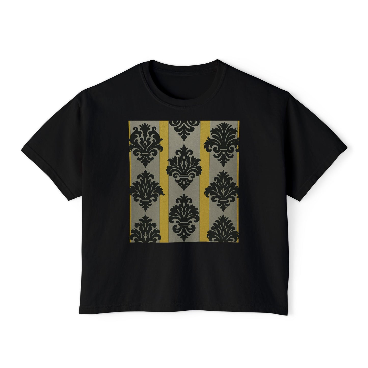 Chic Women's Boxy Tee - Stylish Casual Top, Vintage Graphic Tee, Trendy Summer Shirt, Gift for Her - Silver & Gold Striped Black Baroque