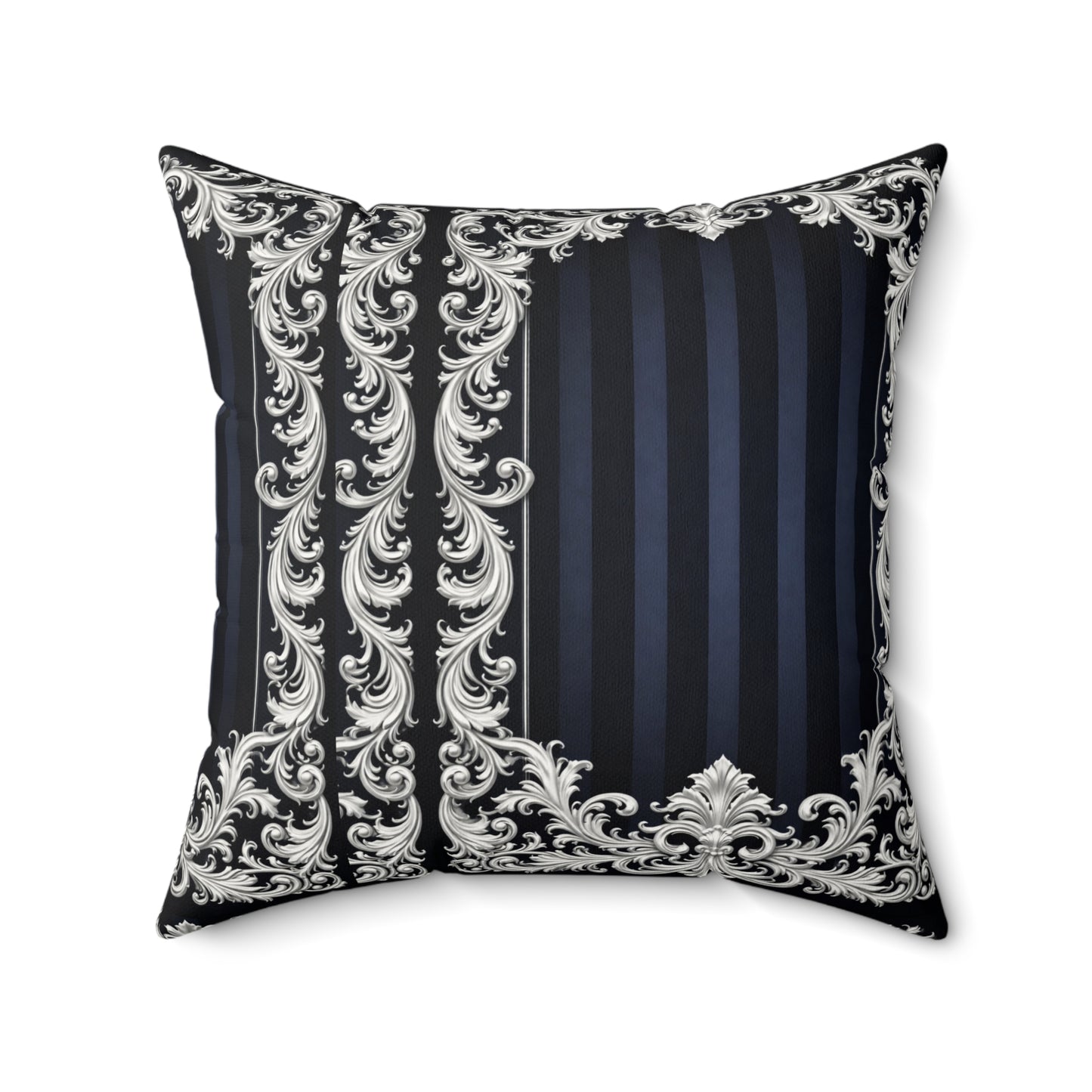 Navy Stripes & Baroque Suede Pillow — Decorative Square Throw Pillow with Ornate Silver Frame