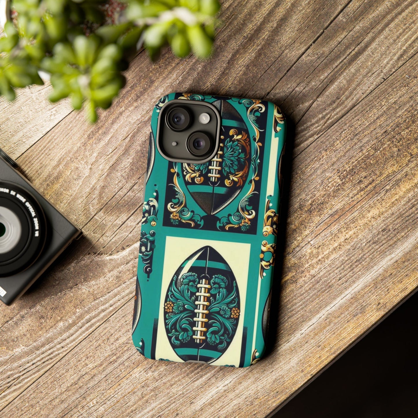 Elegant Floral Motif Phone Case - Tough Cases with Vintage Design -  Damask Teal, Gold & Black Footballs
