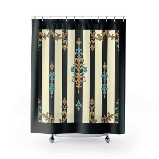 Elegant Vintage-Inspired Shower Curtains | Luxurious Black and Gold Bathroom Decor - Black Striped Turquoise & Black Rococo