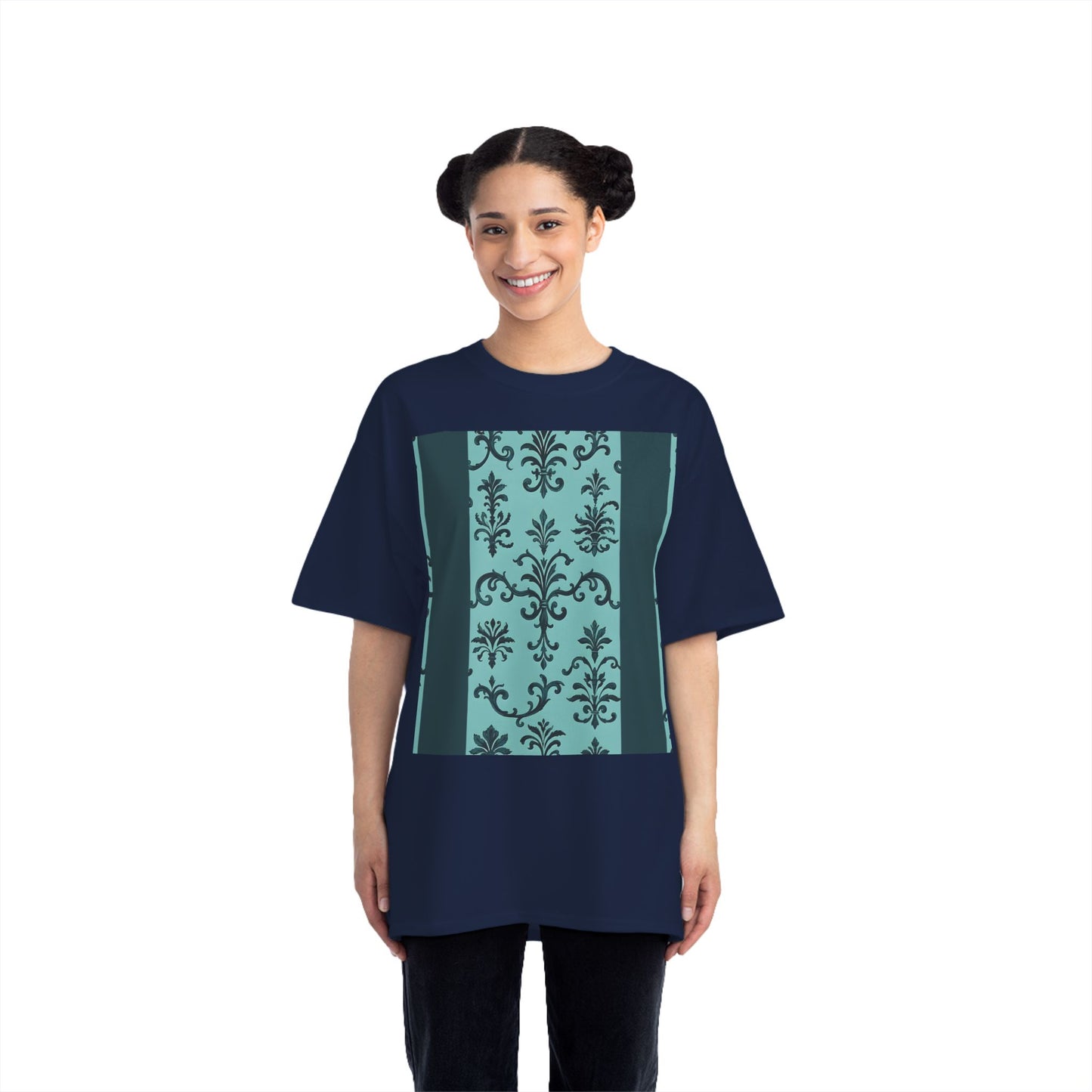 Elegant Floral T-Shirt - Vintage Design, Casual Wear, Gift for Her, Summer Fashion, Stylish Tee - Teal Striped Rococo