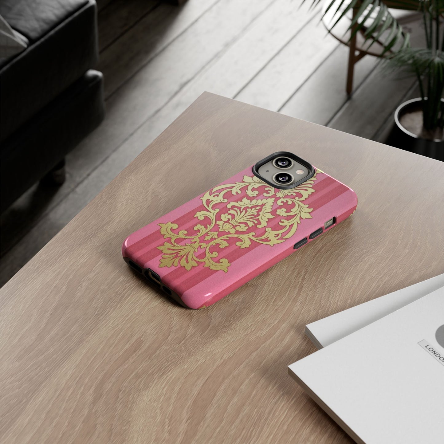Elegant Floral Motif Phone Case - Tough Cases with Vintage Design - Pink Striped Damask