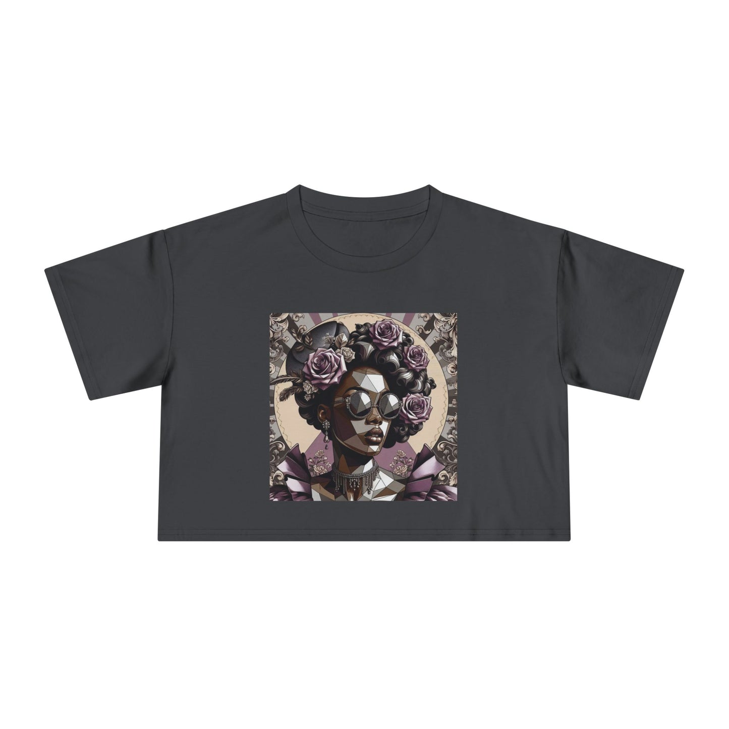 Poly Art Chic Women's Crop Tee - Floral Art Inspired Shirt, Casual Summer Wear, Festival Top, Vintage Style - Lilac Baroque Lady
