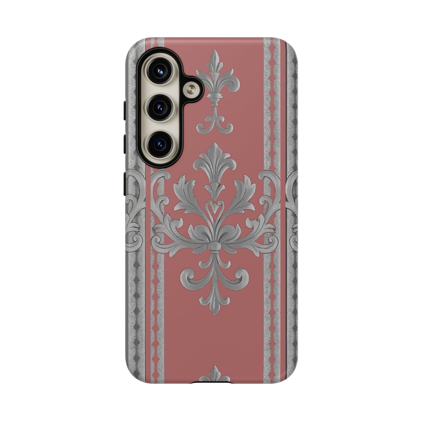 Elegant Floral Phone Case - Tough Cases for Stylish Protection - Gray & Mauve Striped Baroque