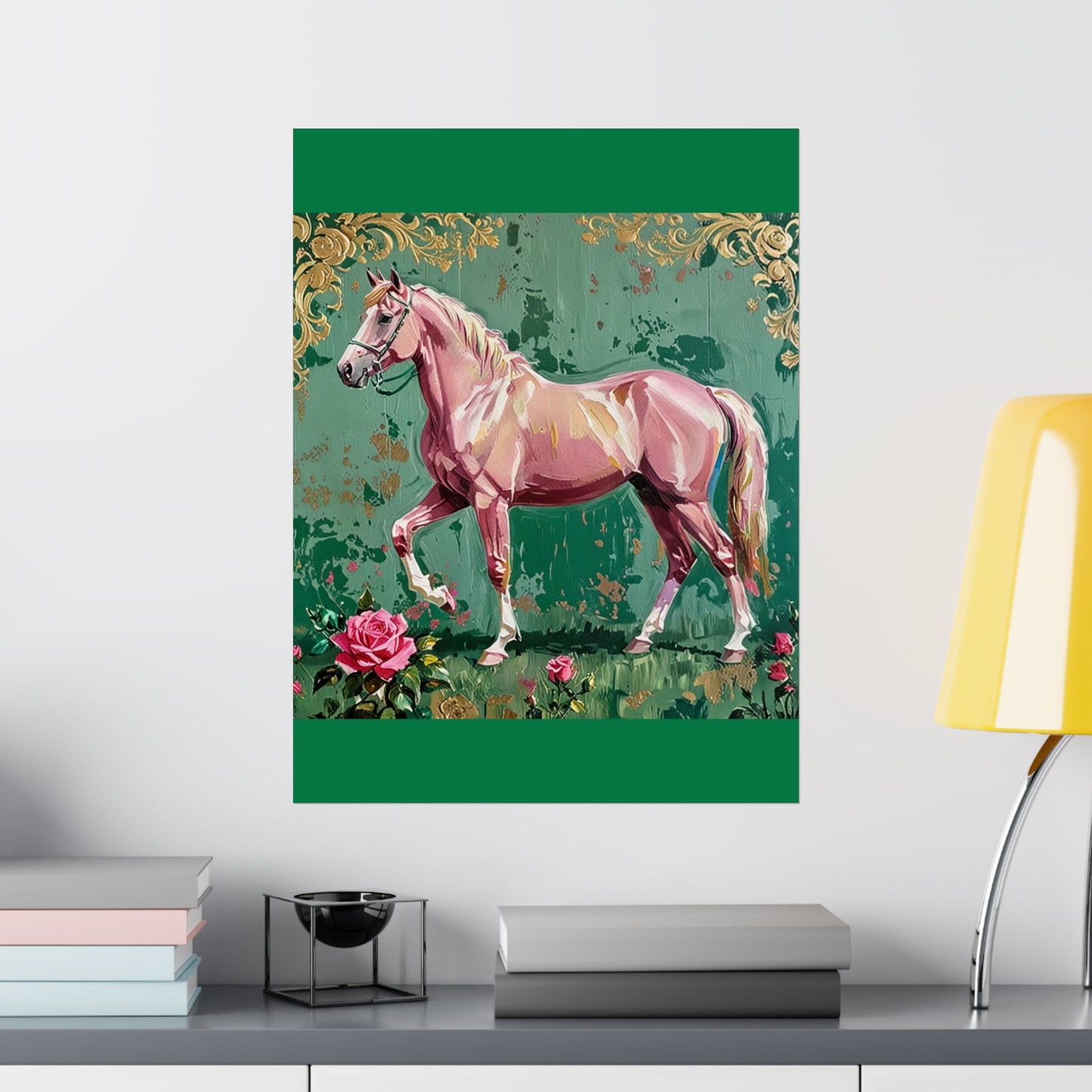Floral Motif Art Poster - Elegant Matte Vertical Wall Decor - Pink Horse With Gold Damask & Roses