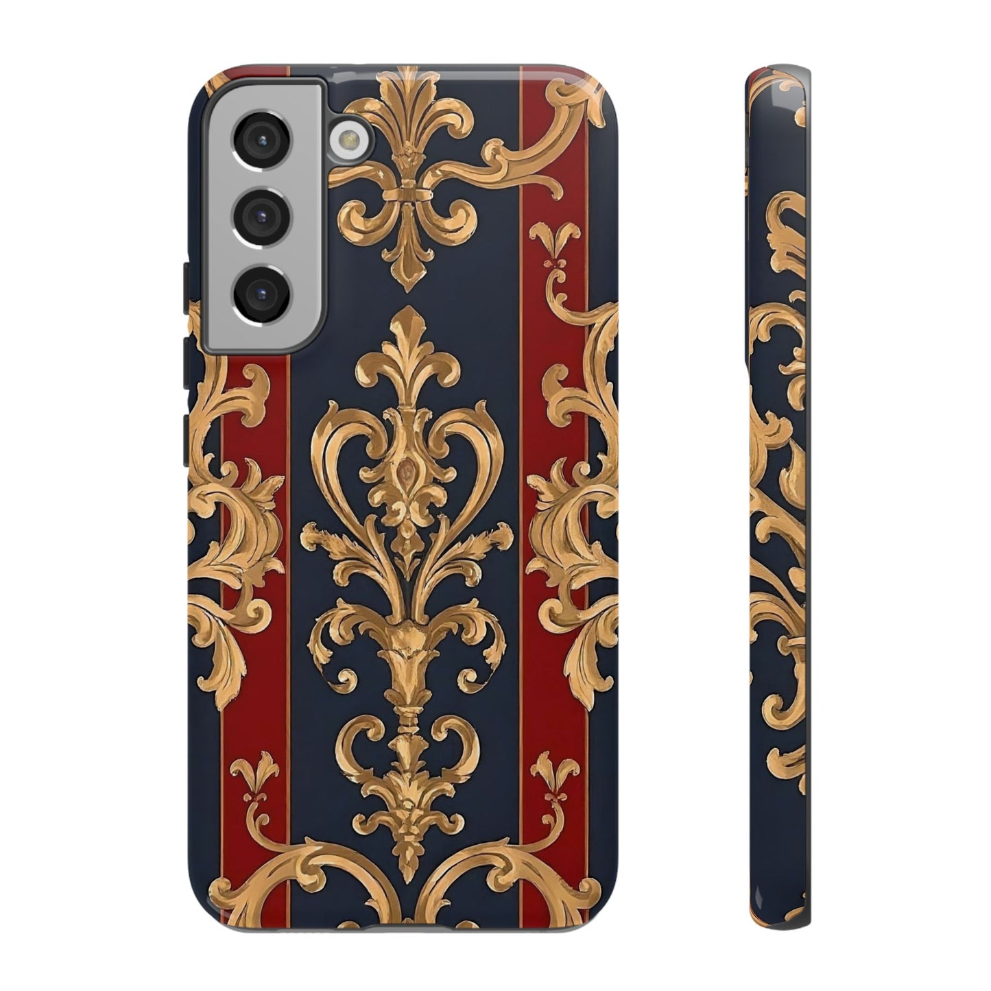 Elegant Floral Motif Phone Case - Tough Cases with Vintage Design - Midnight Blue & Dusk Red Striped Gold Damask