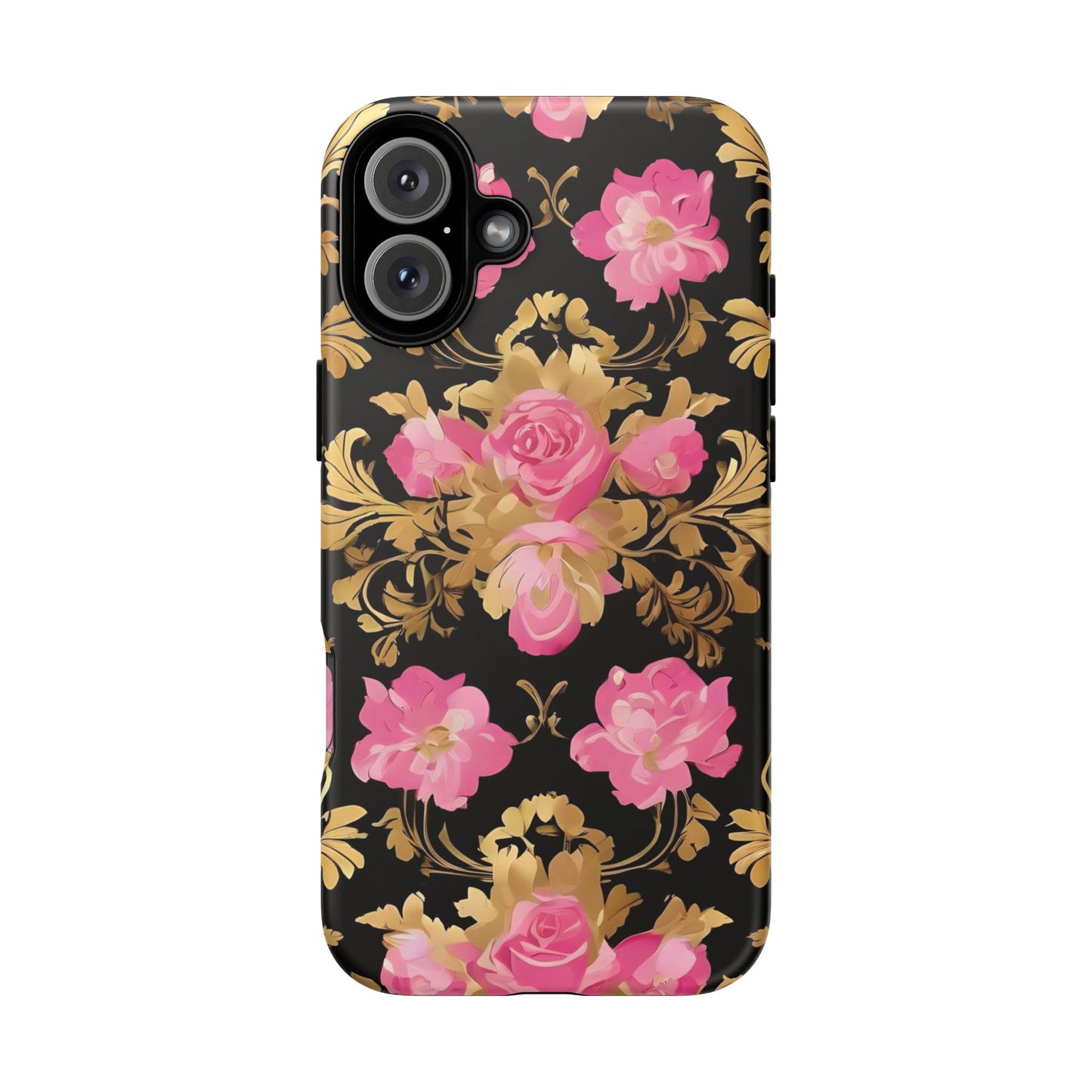 Elegant Floral Motif Phone Case - Tough Cases with Vintage Design - Pink & Gold Roses