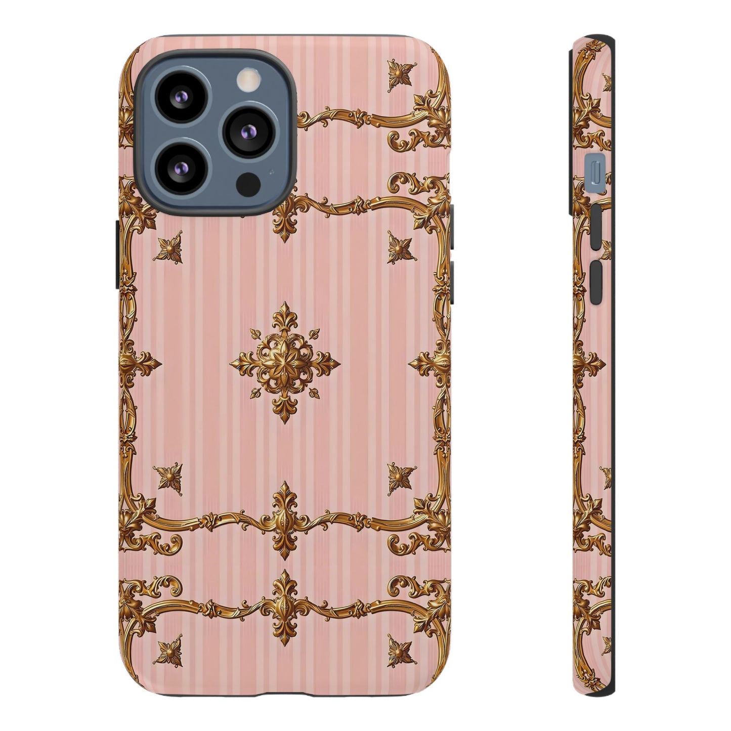 Elegant Floral Phone Case, Tough Cases for Women, Trendy Phone Cover, Chic Gift - Pink Striped Gold Baroque