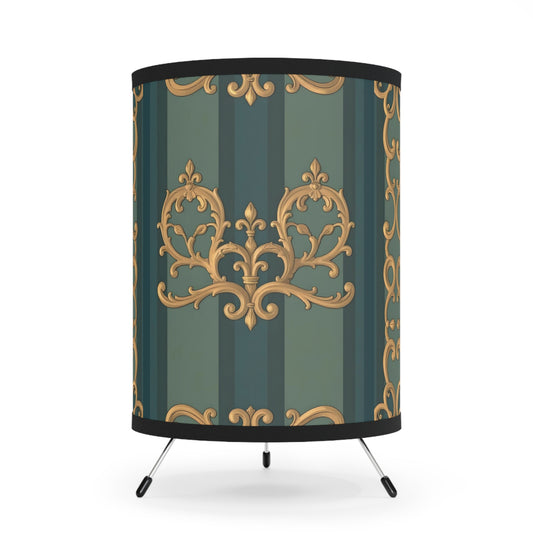 Elegant Tripod Lamp with Vintage Gold Pattern Shade, Home Decor, Lighting, Table Lamp, Vintage Style - Smoky Blue & Teal Striped Baroque