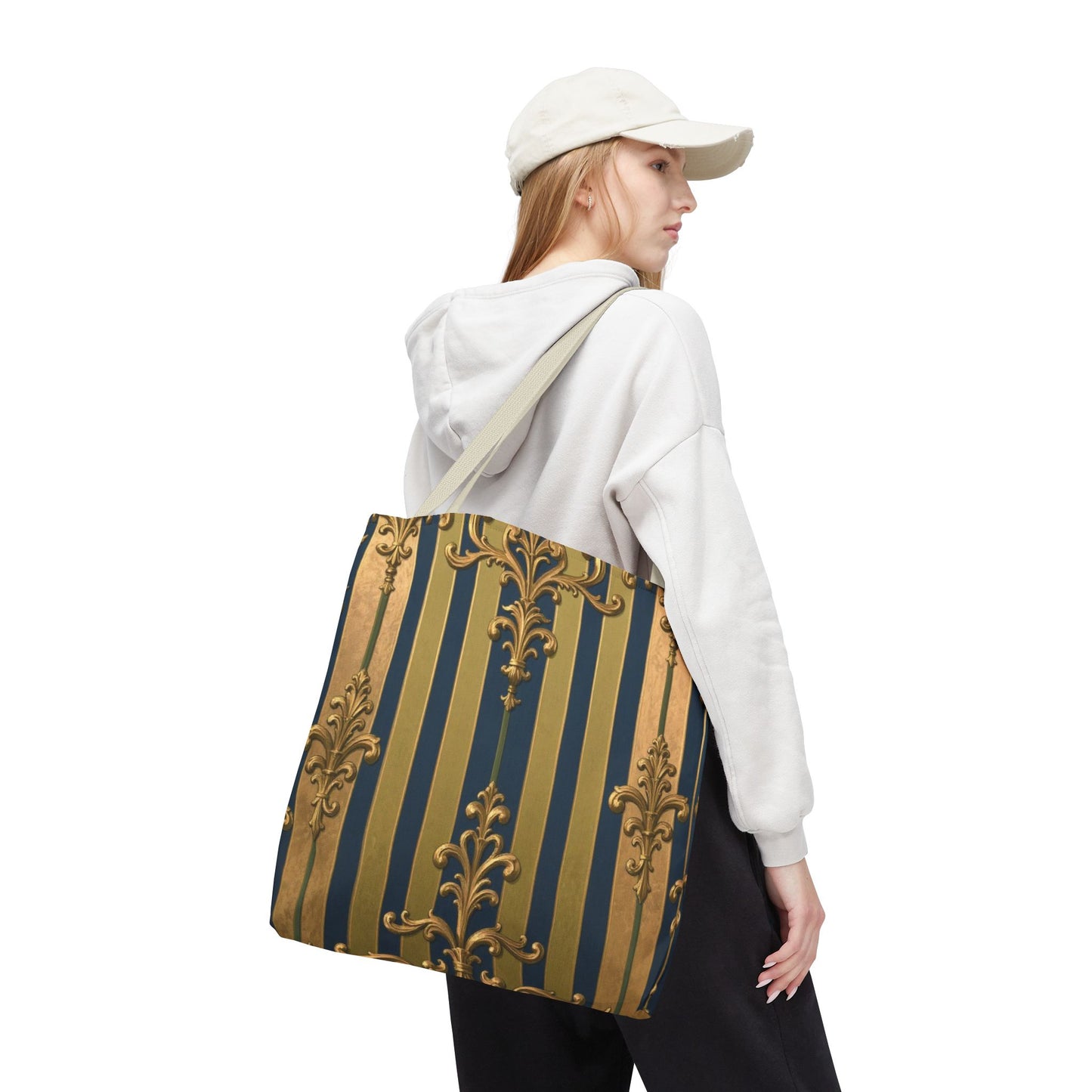 Elegant Midnight Blue & Olive Striped Gold Baroque Golden Striped Tote Bag, Stylish Shopping Bag, Trendy Handbag, Chic Gift for Her