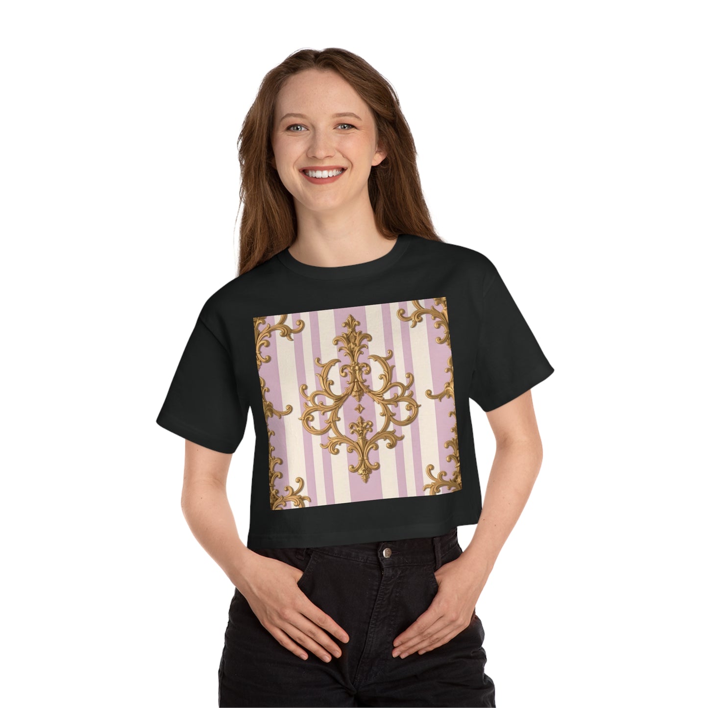 Chic Heritage Cropped T-Shirt | Stylish Graphic Tee, Vintage-Inspired, Casual Top, Summer Fashion, Gift for Her - Lilac & Alabaster Striped Gold Baroque