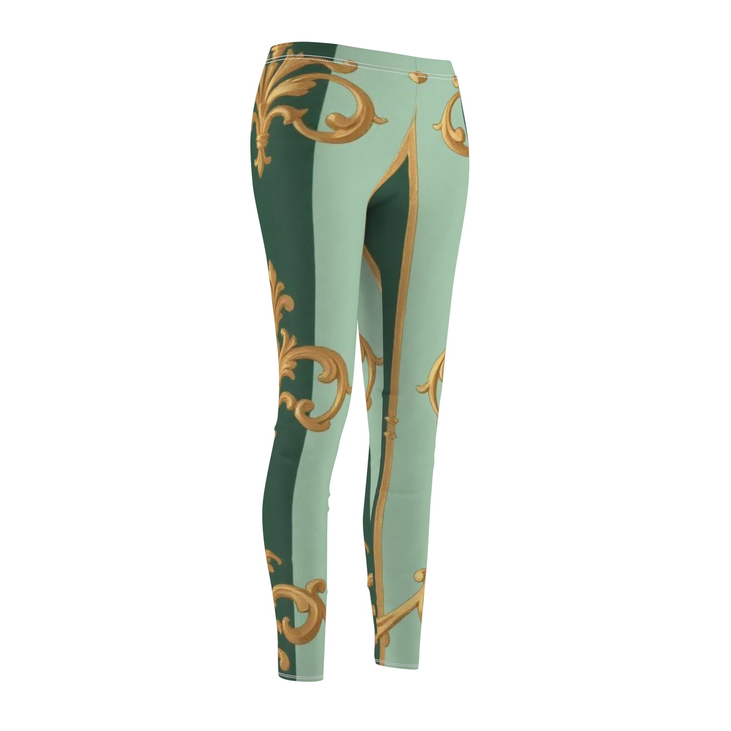 Elegant Floral Print Leggings for Women's Casual Wear, Stylish Activewear for Yoga, Fitness - Mint Green & Teal Striped Gold Baroque