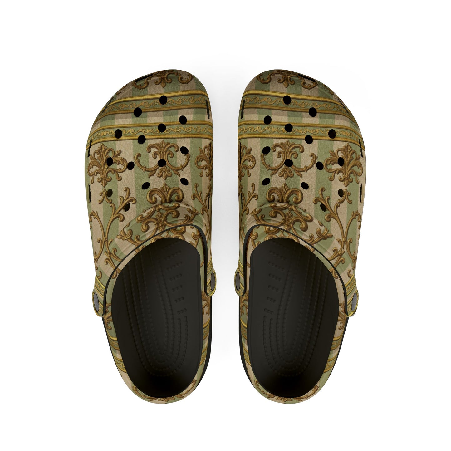 Stylish EVA Foam Clogs with Floral Design, Comfortable Garden Shoes, Unique Fashion Footwear - Mint & Beige Striped Gold Baroque