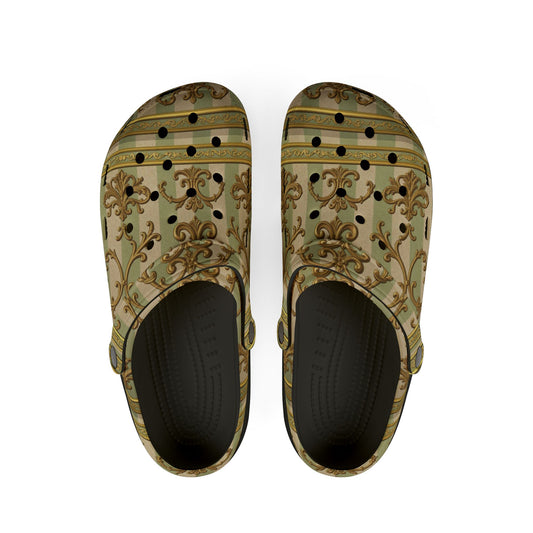 Stylish EVA Foam Clogs with Floral Design, Comfortable Garden Shoes, Unique Fashion Footwear - Mint & Beige Striped Gold Baroque