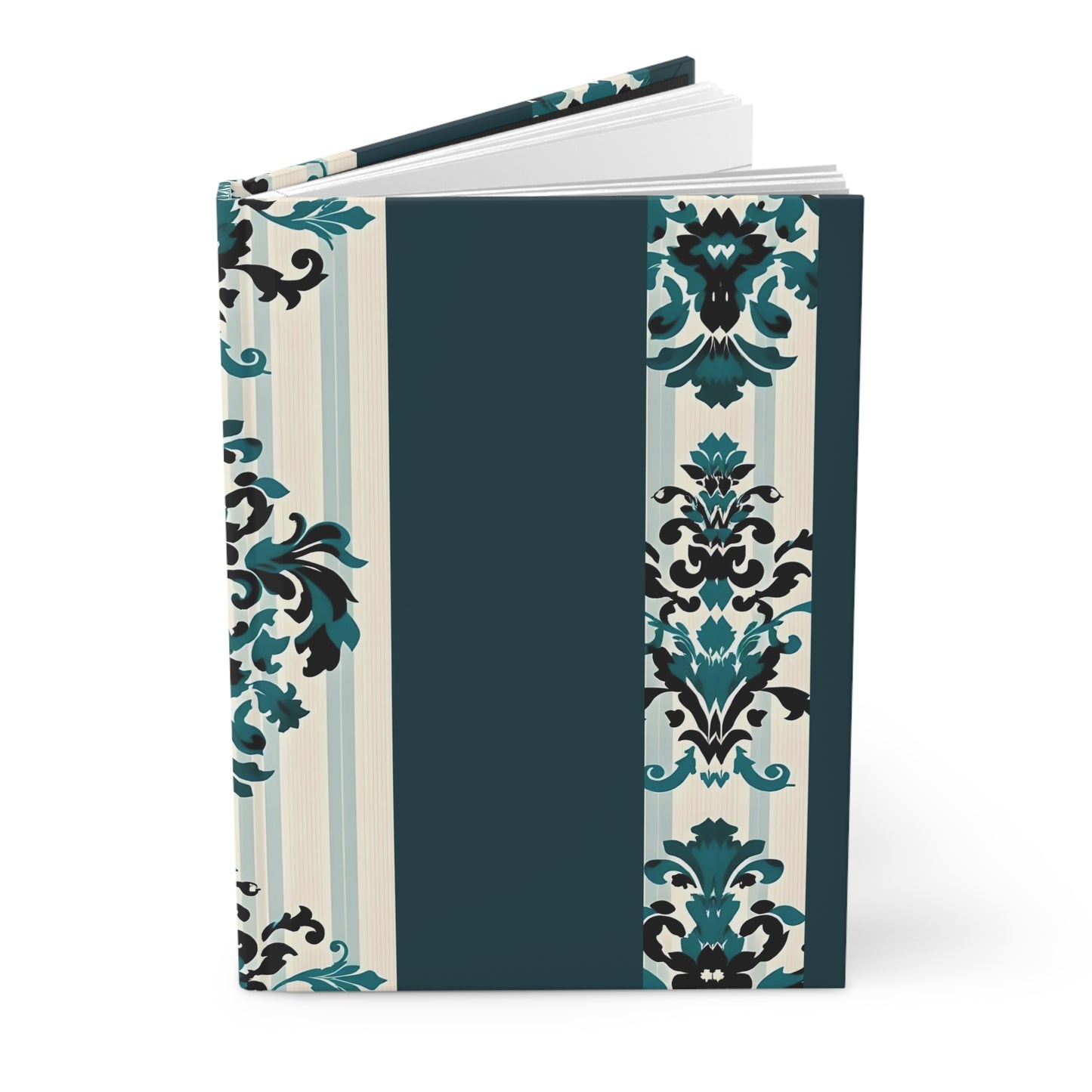Elegant Floral Hardcover Journal - Stylish Writing Notebook - Teal Striped Damask Design