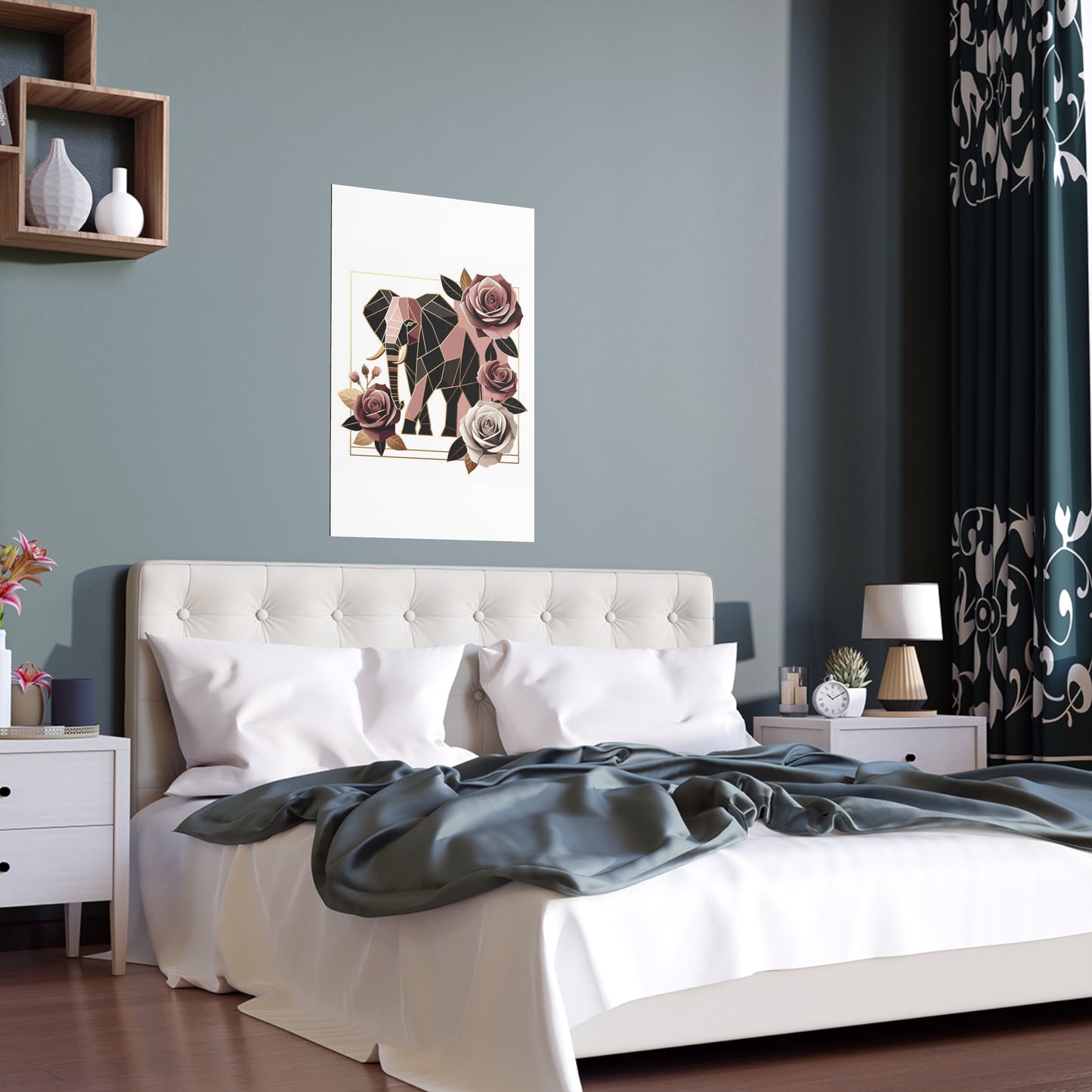 Elegant Floral Silk Poster - Indoor/Outdoor Wall Art for Home Decor - Brown & Mauve Elephant & Roses