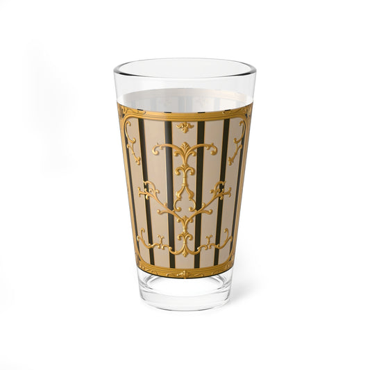 Elegant Vintage Mixing Glass, 16oz Cocktail Glass, Home Bar Decor, Gift for Bartenders, Party Hosting Essentials - Beige Striped Gold Rococo