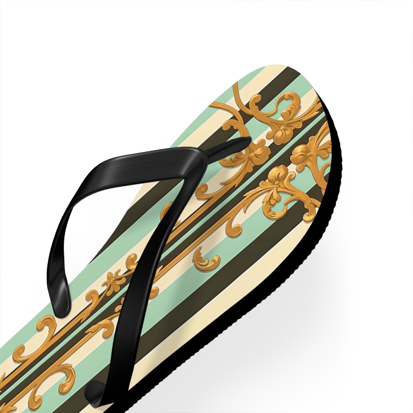 Elegant Patterned Flip Flops, Summer Sandals, Vacation Footwear, Beach Day Slippers, Festival Essentials - Black & Matte Mint Striped Rococo