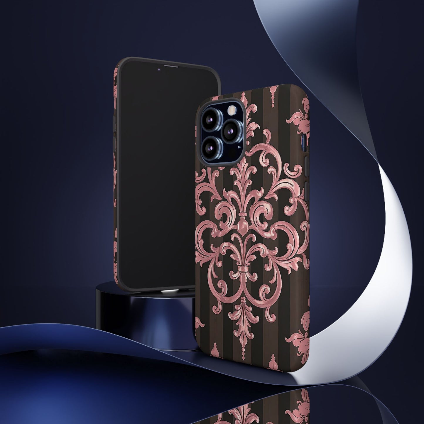 Elegant Floral Motif Phone Case - Tough Cases with Vintage Design - Brown Striped Mauve Damask