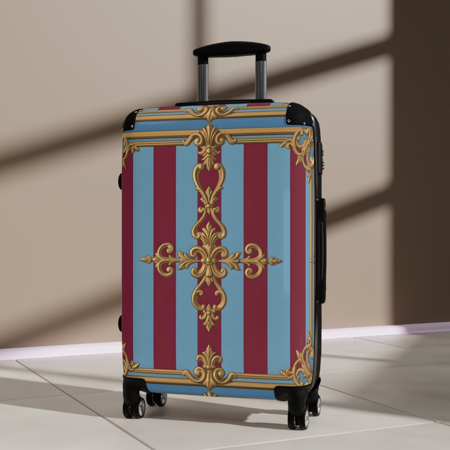 Elegant Vintage-Inspired Suitcase, Travel Luggage, Stylish Holiday Gift, Unique Baggage for Adventurers - Sky Blue & Maroon Striped Baroque
