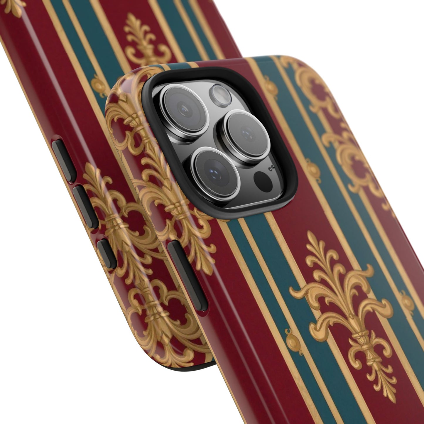 Elegant Vintage Tough Phone Case, Luxury Phone Protection, Stylish Phone Cover, Durable Phone Accessory - Burgundy Striped Gold Baroque