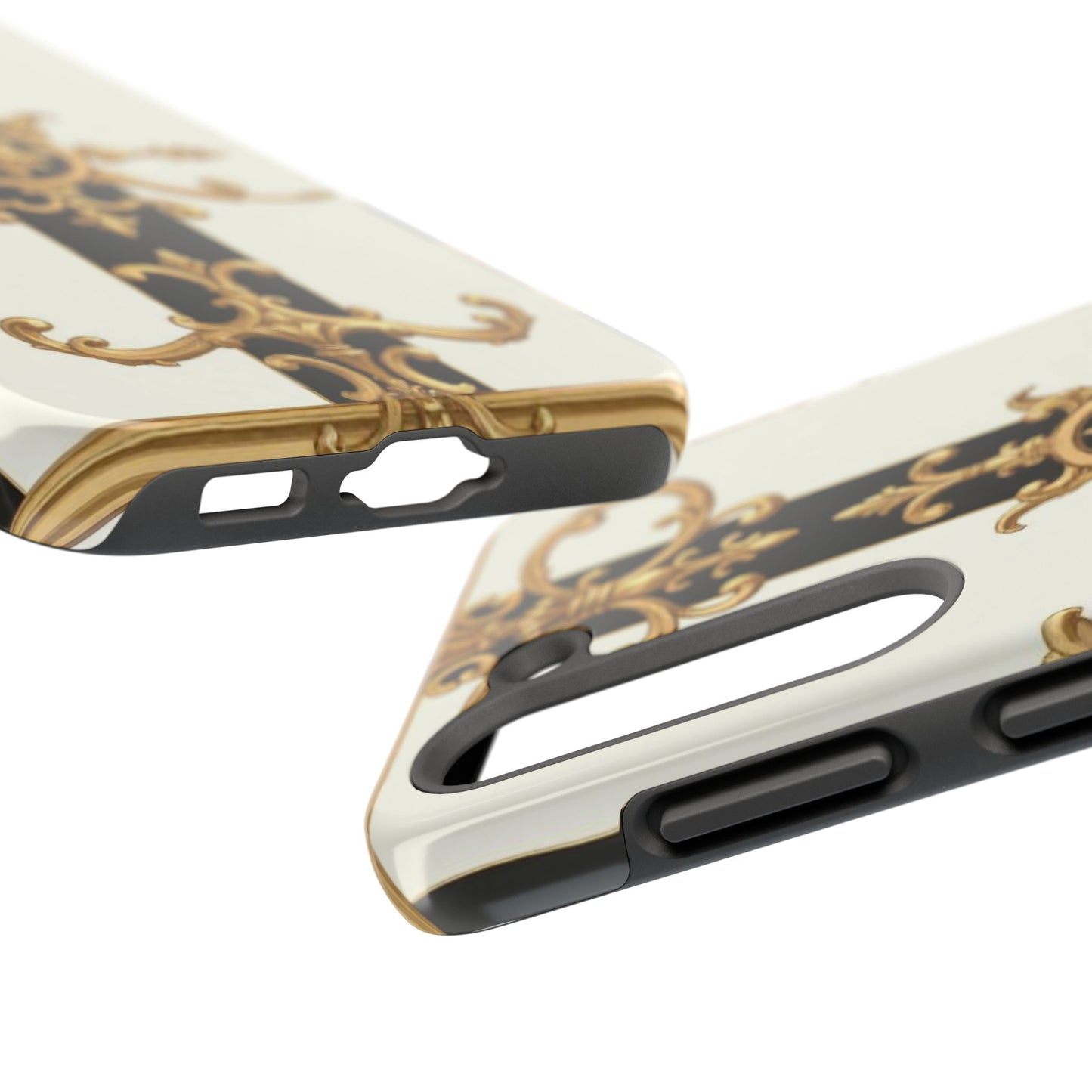 Elegant Baroque Tough Phone Case | Stylish Protection for Your Device, Gift for Her, Phone Accessories - Black & White Striped Gold Baroque