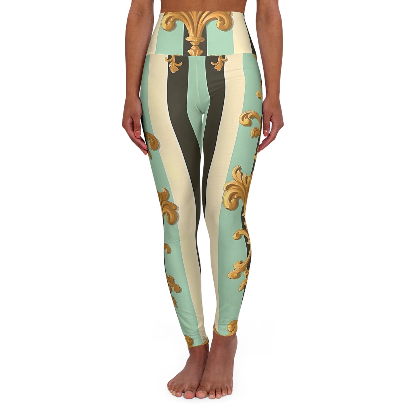 Chic High Waisted Yoga Leggings, Stylish Workout Tights, Fitness Apparel, Activewear for Yoga - Black & Matte Mint Striped Rococo